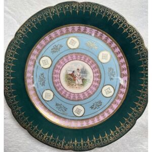 Vintage‎ Vienna Austria Cabinet Plate Green Pink Gilt Courting Scene Porcelain
